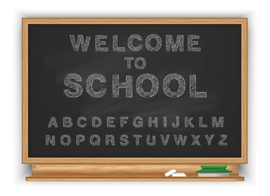 School blackboard chalkboard realistic alphabet composition with isolated view of wooden frame and editable written text vector illustration