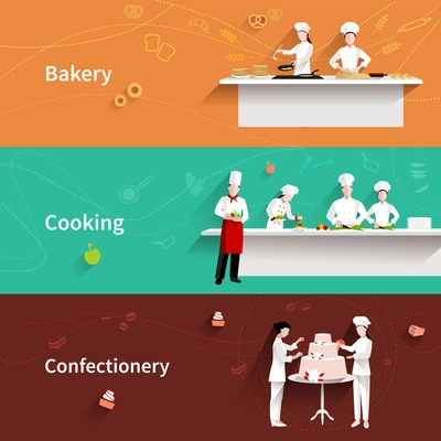 Cooking horizontal banners set with bakery and confectionery elements isolated vector illustration