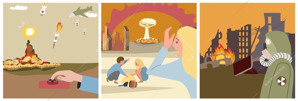Nuclear war square set with atomic bomb symbols flat isolated vector ilustration