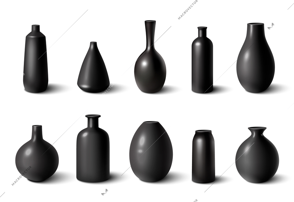 Set of glossy black ceramic porcelain vases realistic isolated vector illustration