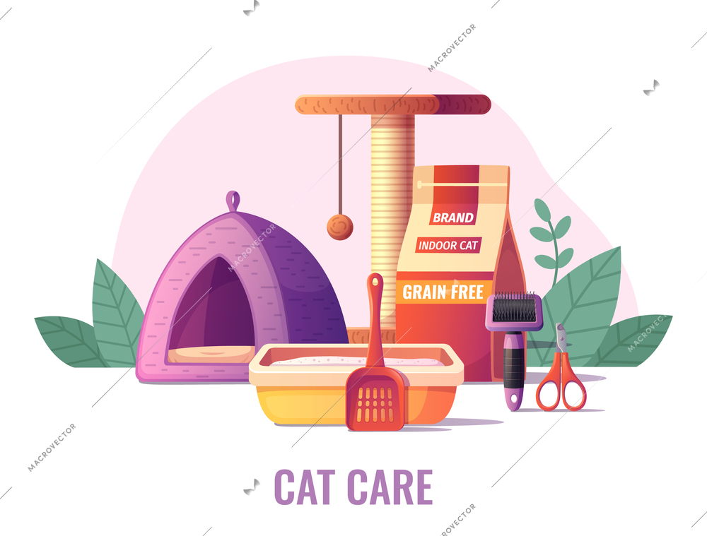 Accessories for cat care in cartoon style with food scissors litter tray bed scratcher vector illustration