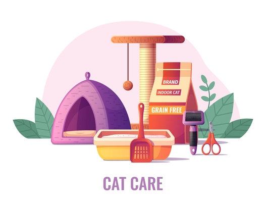 Accessories for cat care in cartoon style with food scissors litter tray bed scratcher vector illustration