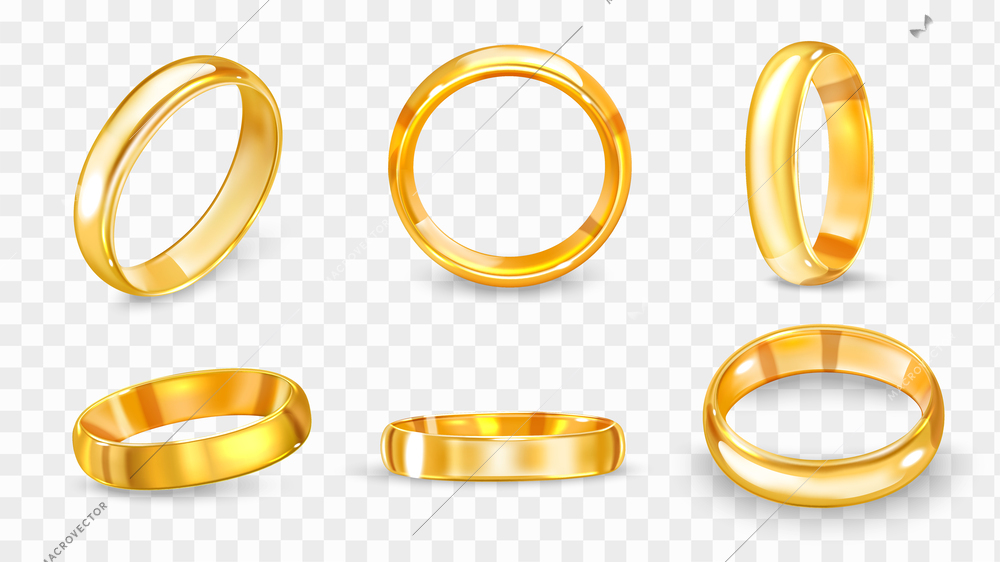 Realistic wedding ring set with six isolated views of shiny luxury golden ring from various angles vector illustration