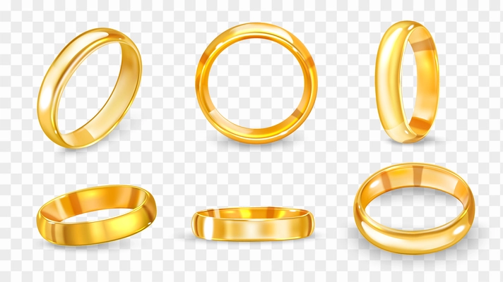 Realistic wedding ring set with six isolated views of shiny luxury golden ring from various angles vector illustration