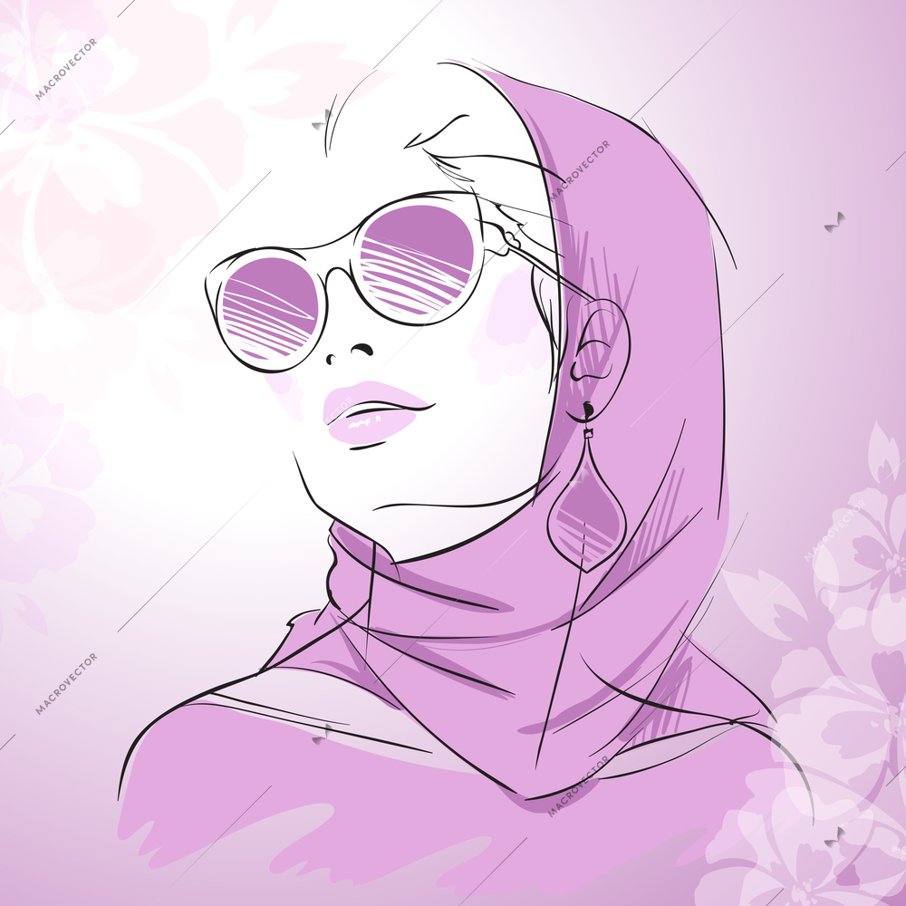 Fashion gorgeous woman portrait wearing purple scarf sunglasses and earrings with floral decor vector illustration