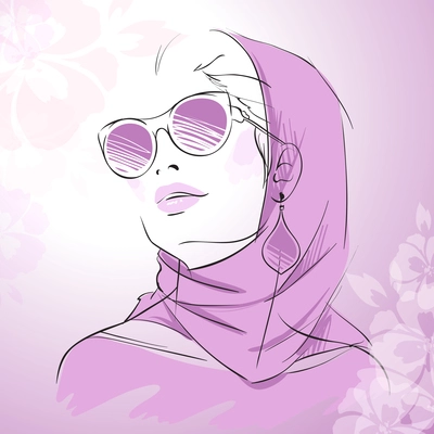 Fashion gorgeous woman portrait wearing purple scarf sunglasses and earrings with floral decor vector illustration