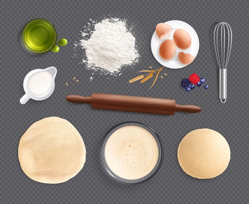 Bakery set of realistic images on transparent background with icons of kitchenware and ingredients for cooking vector illustration