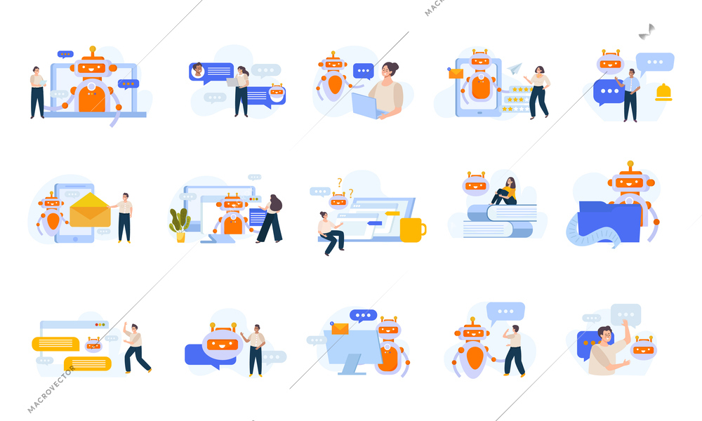 Chatbot assistance services flat set of icons with human characters and robots isolated vector illustration