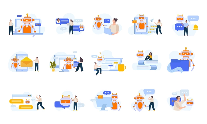 Chatbot assistance services flat set of icons with human characters and robots isolated vector illustration