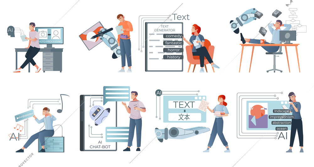 AI generated flat set of isolated compositions with robots creating content icons and doodle human characters vector illustration