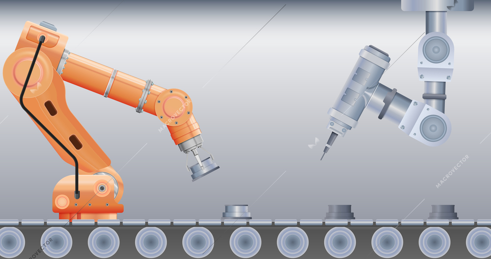 Robot manipulator arm realistic composition with view of robotic arms on moving assembly line with goods vector illustration