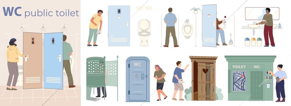 Public toilet flat composition with indoor restroom interiors and street objects vector illustration