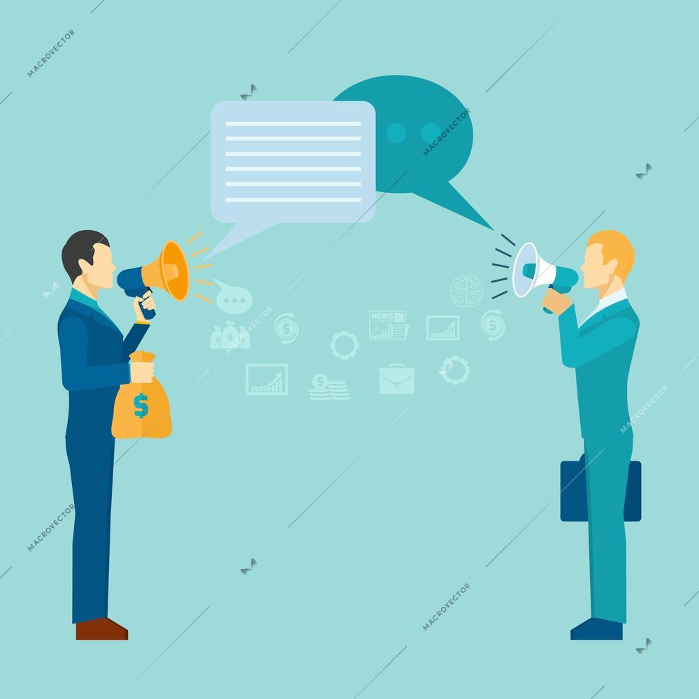 Business communication poster with businessmen talking with loudspeakers vector illustration