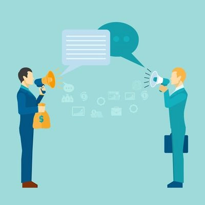 Business communication poster with businessmen talking with loudspeakers vector illustration