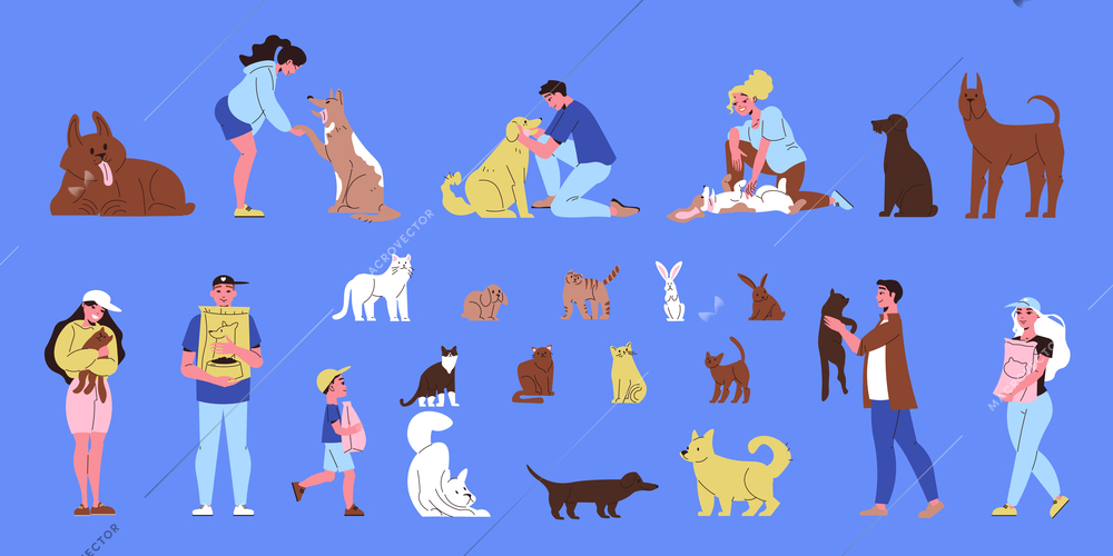 Pet shelter color set of animals volunteers and people with their new friends on blue background flat isolated vector illustration