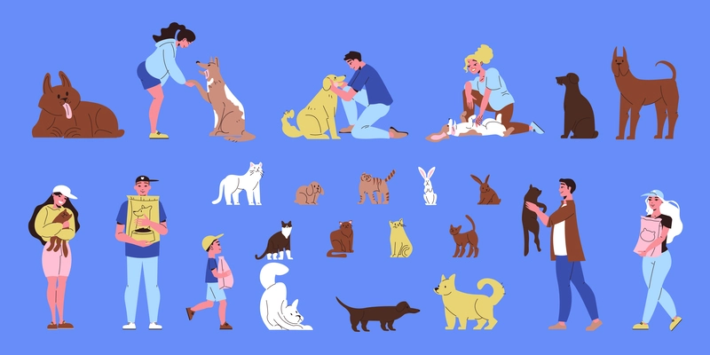 Pet shelter color set of animals volunteers and people with their new friends on blue background flat isolated vector illustration