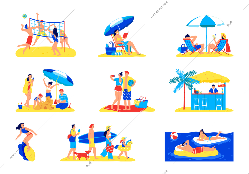 Vacation on sandy beach flat set with people relaxing swimming playing volleyball isolated vector illustration