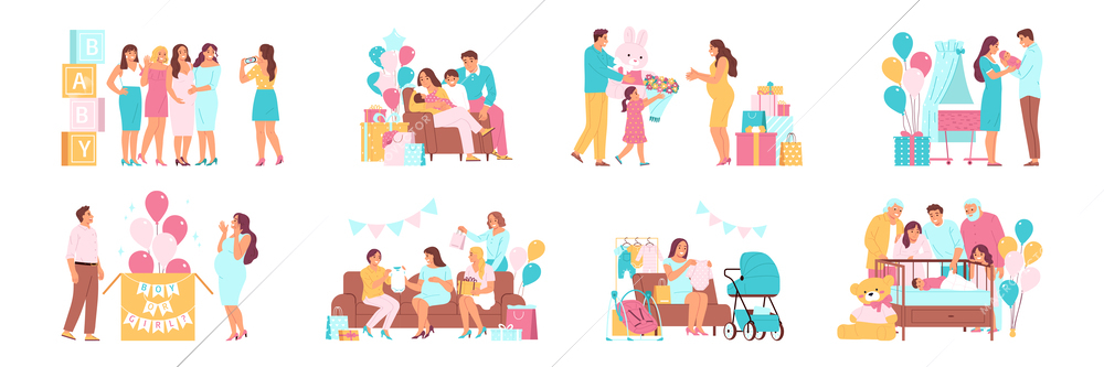 Happy parents during baby shower party and with newborn babies flat set isolated vector illustration