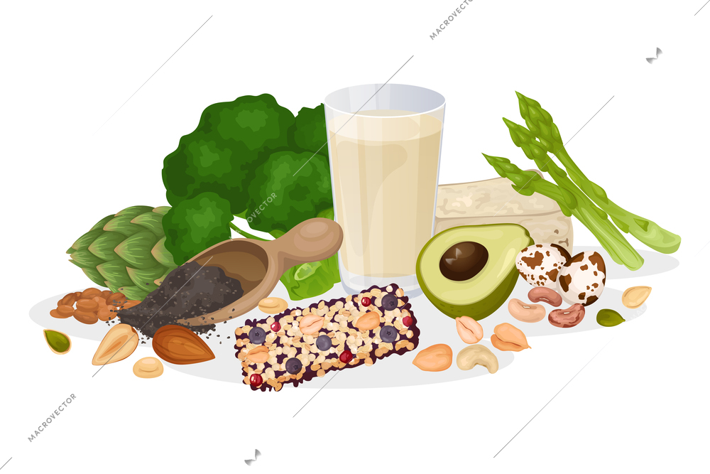 Healthy protein foods composition with isolated view of nuts greens eggs and bars on blank background vector illustration