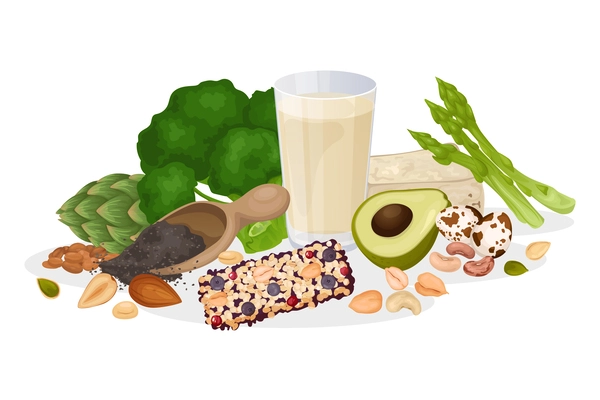 Healthy protein foods composition with isolated view of nuts greens eggs and bars on blank background vector illustration