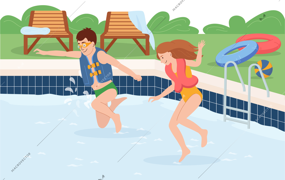 Kids water safety composition with two children jumping into pool wearing life jackets flat vector illustration