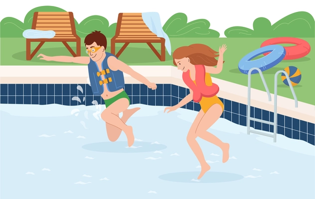 Kids water safety composition with two children jumping into pool wearing life jackets flat vector illustration