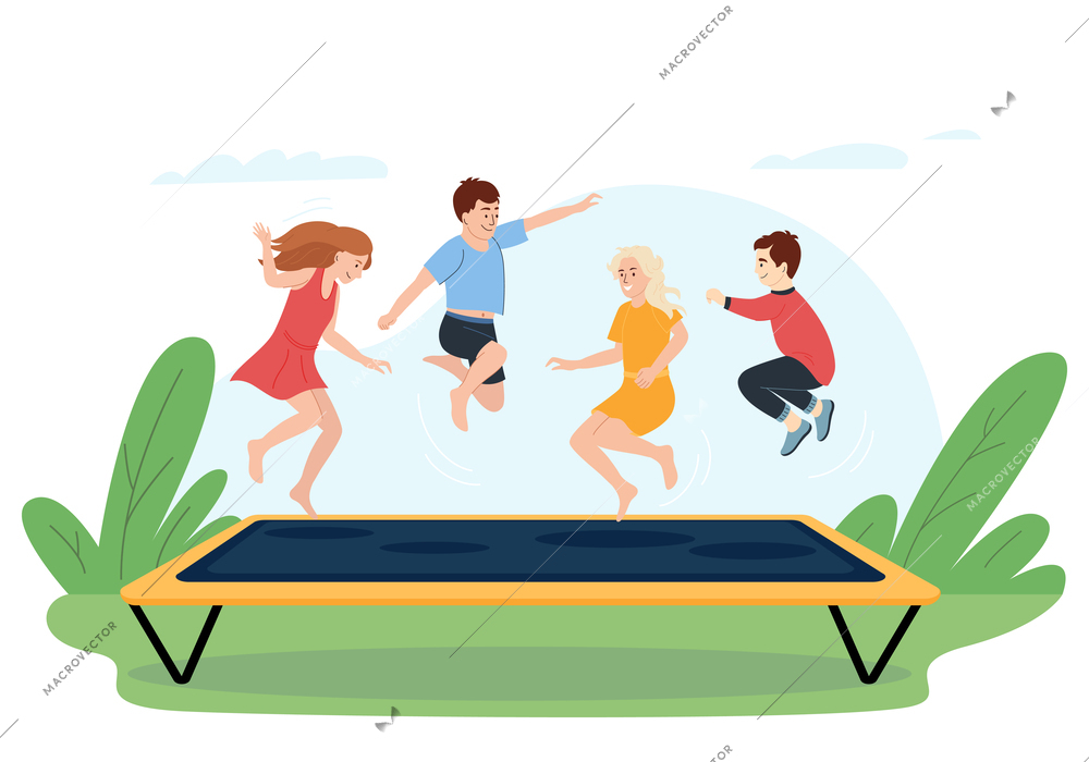 Cheerful boys and girls jumping on trampoline outdoors flat vector illustration