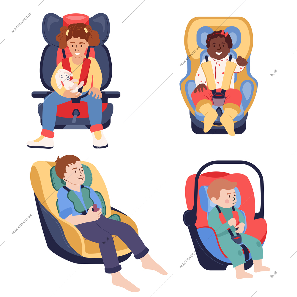 Children car seat flat set of four isolated compositions with kids in seats on blank background vector illustration