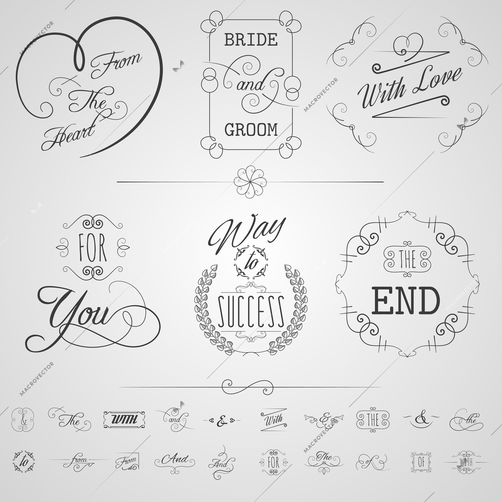 Calligraphy design elements wedding card invitation scrolls set isolated vector illustration