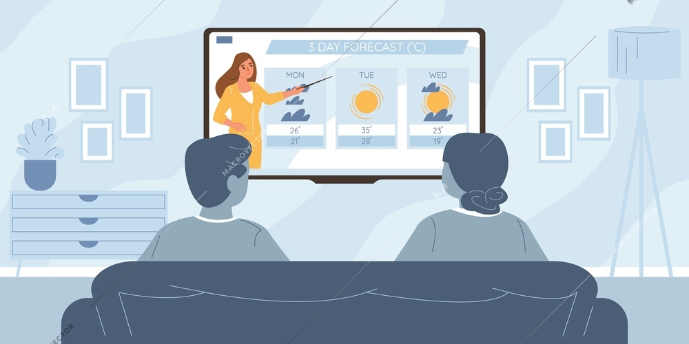 Man and woman watching weather forecast on tv in living room flat vector illustration