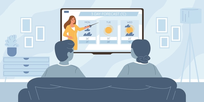 Man and woman watching weather forecast on tv in living room flat vector illustration