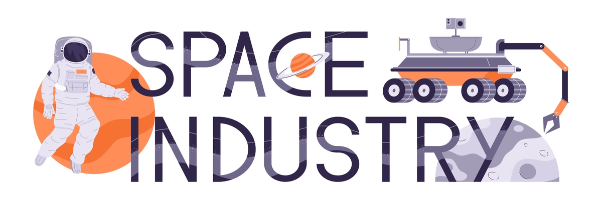 Space industry flat horizontal text banner with astronaut and mars rover vector illustration