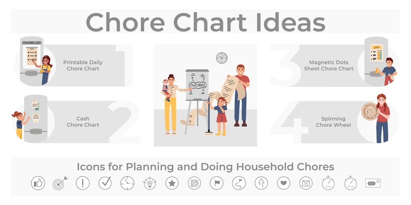 Flat infographic with ideas for planning and doing household chores and collection of icons vector illustration