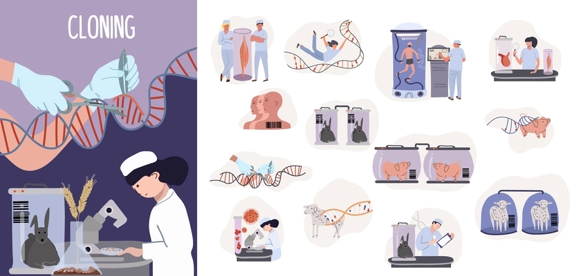 Cloning genetics flat composition with female scientist working in lab and set of isolated biochemistry icons vector illustration