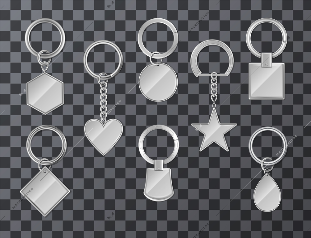 Metal keyrings with blank breloques of different shape realistic set isolated on transparent background vector illustration