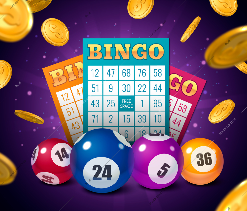 Bingo game realistic poster with lottery tickets and colorful balls on background with falling coins vector illustration