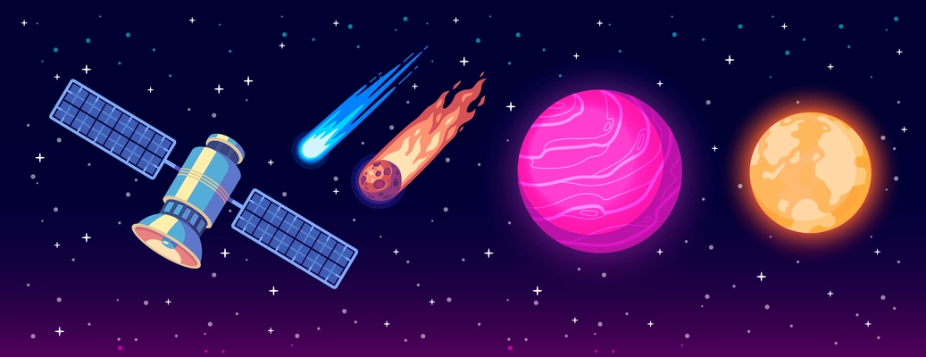 Space exploration cartoon composition with planets satellite comet falling meteorite vector illustration