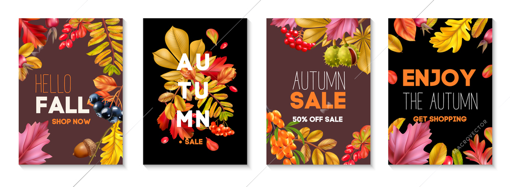 Autumn sale realistic promo posters set decorated with fall leaves acorns and chestnuts isolated vector illustration