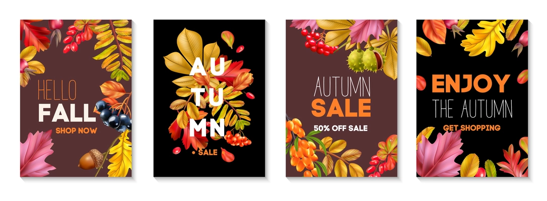 Autumn sale realistic promo posters set decorated with fall leaves acorns and chestnuts isolated vector illustration