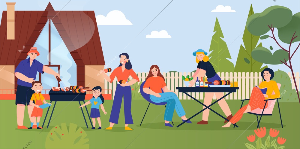 Barbecue at dacha flat poster with big family resting on lawn of country house vector illustration