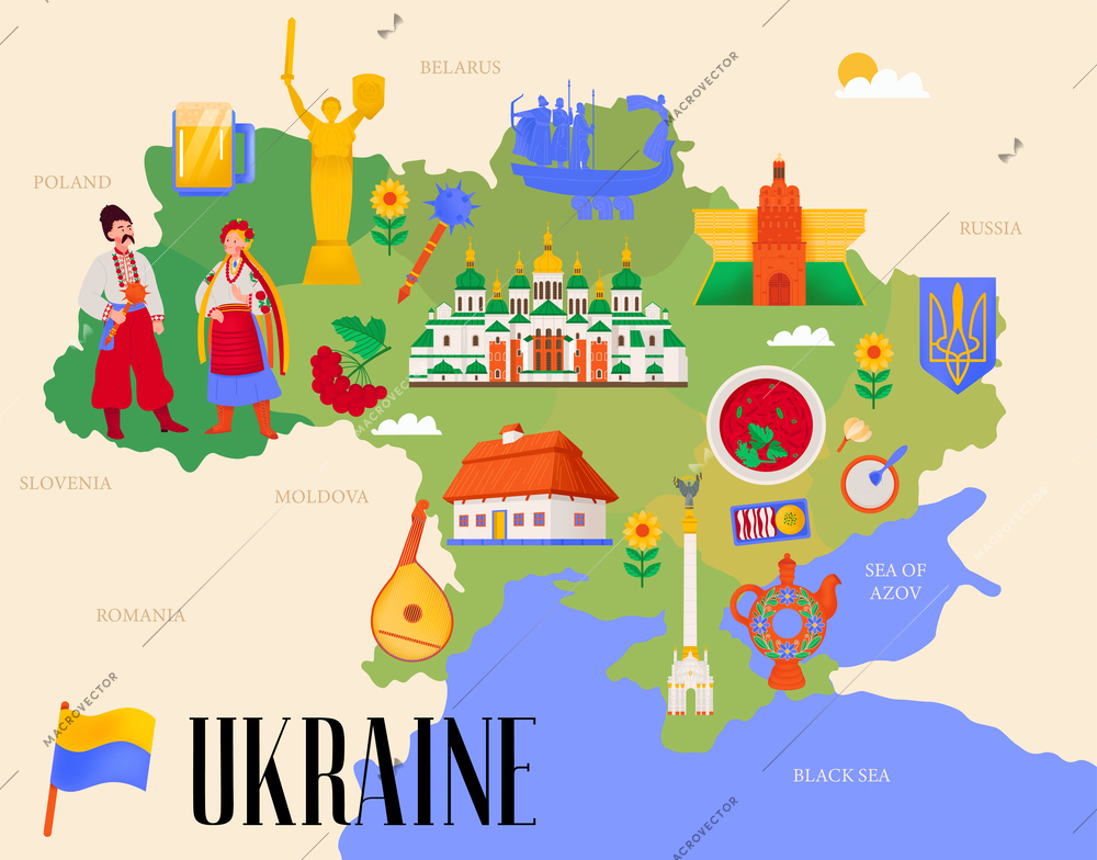 Ukraine map flat poster with architectural monuments landmarks cuisine and tradition icons  vector illustration