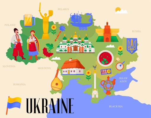 Ukraine map flat poster with architectural monuments landmarks cuisine and tradition icons  vector illustration