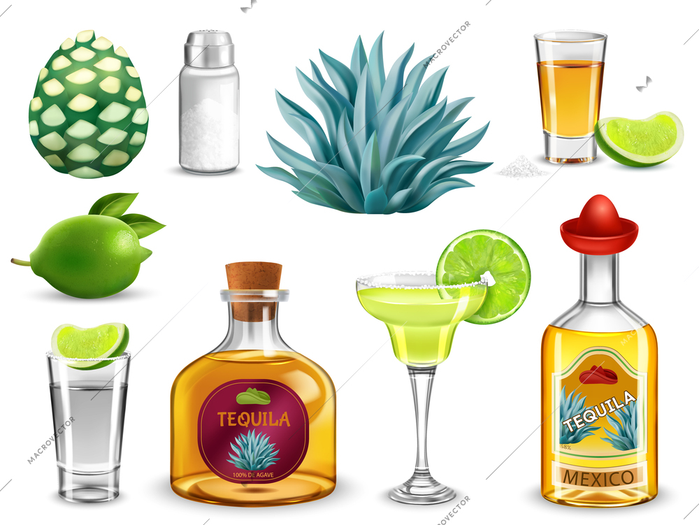 Tequila mexican strong alcoholic beverage in bottles and glasses realistic set isolated vector illustration