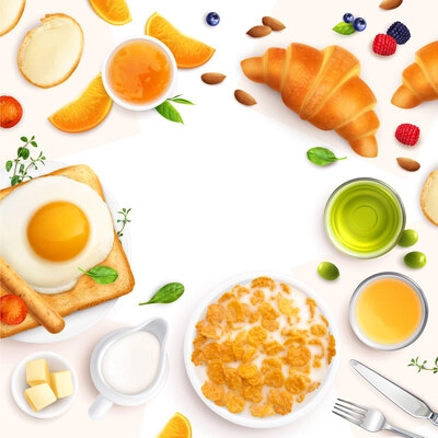 Breakfast realistic frame composition with empty space surrounded by top images of morning meal with cutlery vector illustration