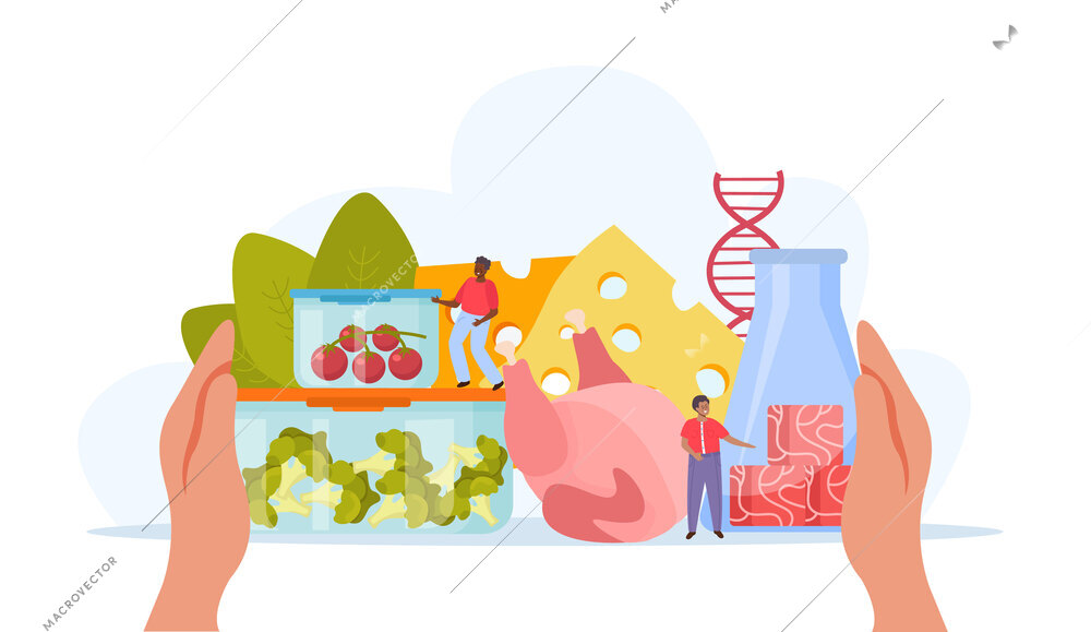 Artificial grown meat flat composition with doodle people and vegetarian meat substitute with vegetables and cheese vector illustration