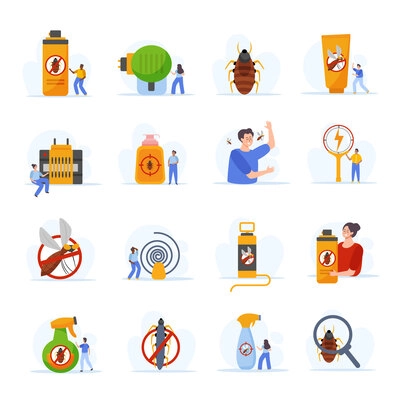 Repellents flat icons collection with isolated anti insect symbols with sprays mosquito coils and human characters vector illustration
