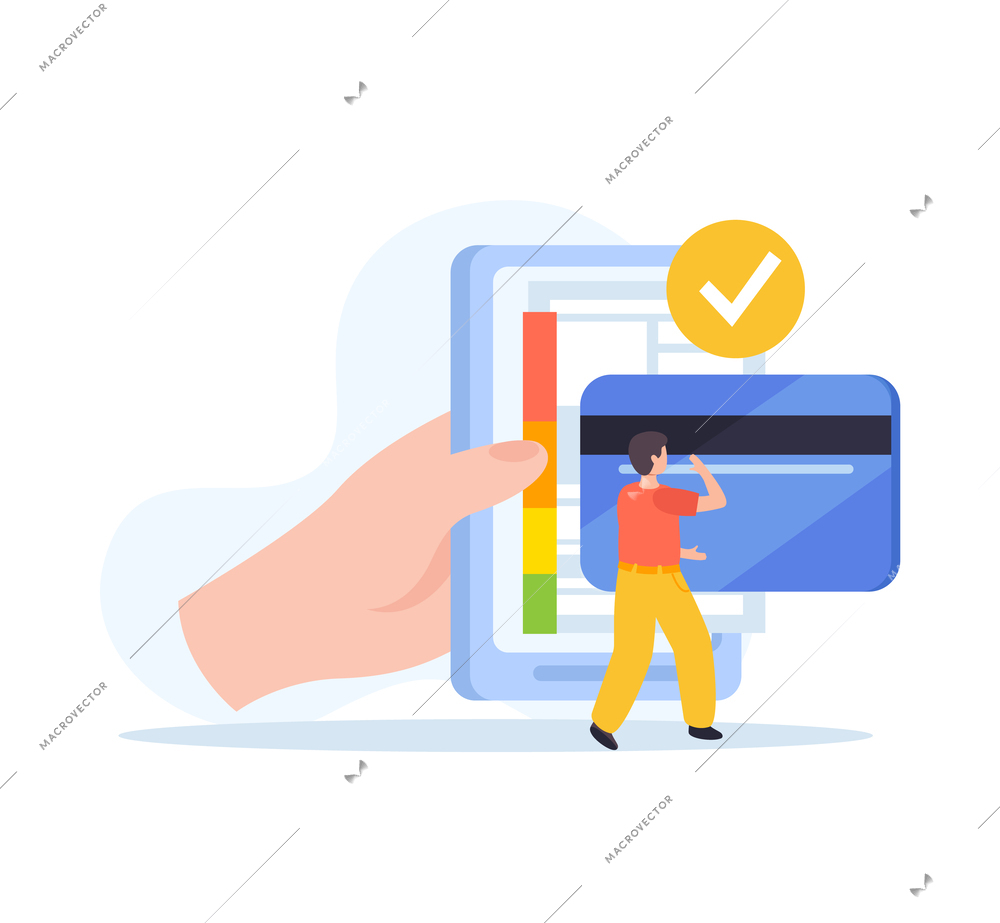 Credit score flat background with composition of human hand with smartphone credit card and approval symbol vector illustration