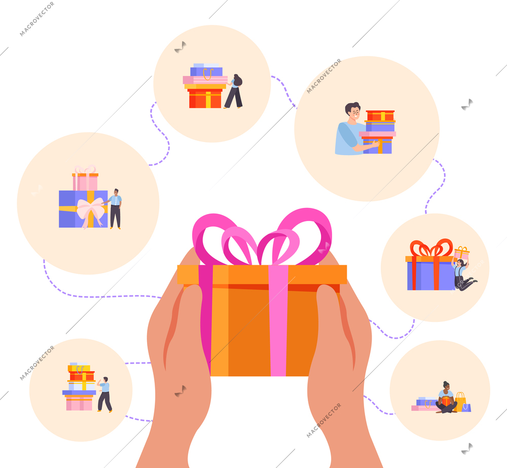 People with boxes flat composition of round icons with gifts and holding hands on blank background vector illustration