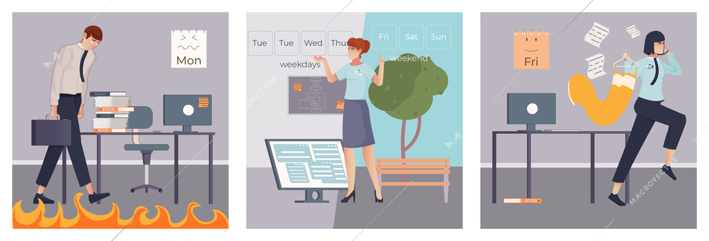 Work week flat concept set with sad office worker on monday and happy employee going home on friday isolated vector illustration