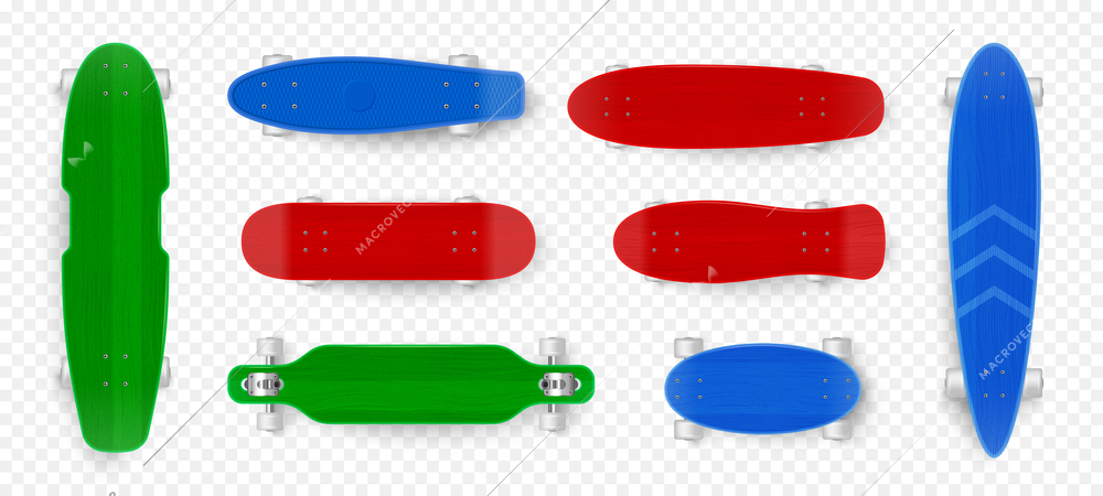 Realistic skate board transparent set with top and bottom views of green red and blue skateboards vector illustration